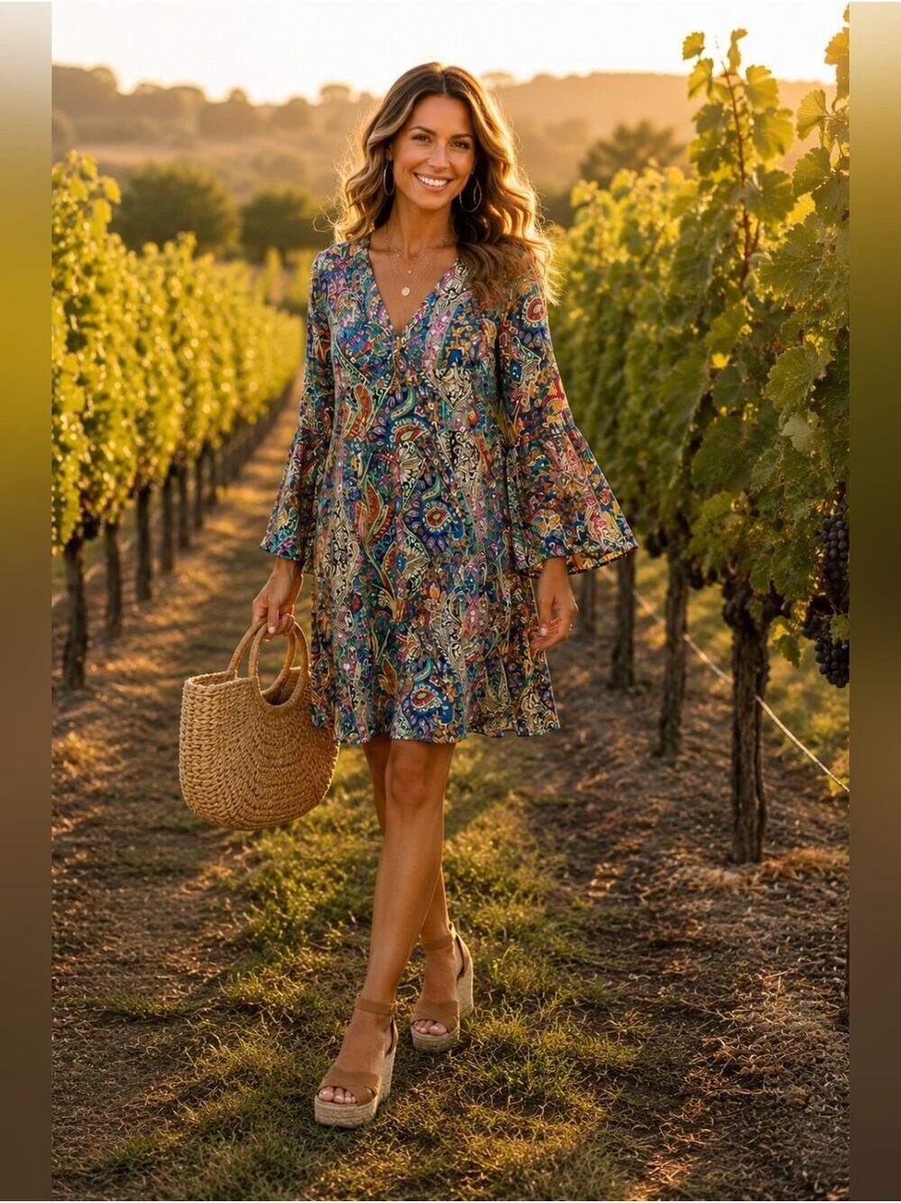 Colorful Paisley Boho Dress Large Boutique Resort Mediterranean Vacation Style - Picture 2 of 14